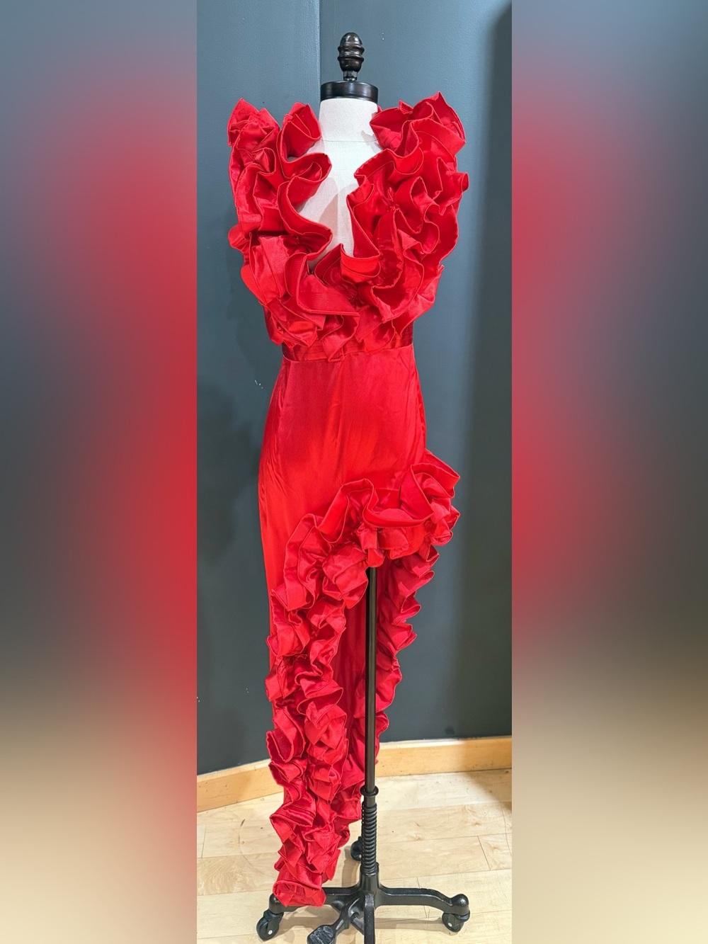 Red Ruffled Satin Gown Dress